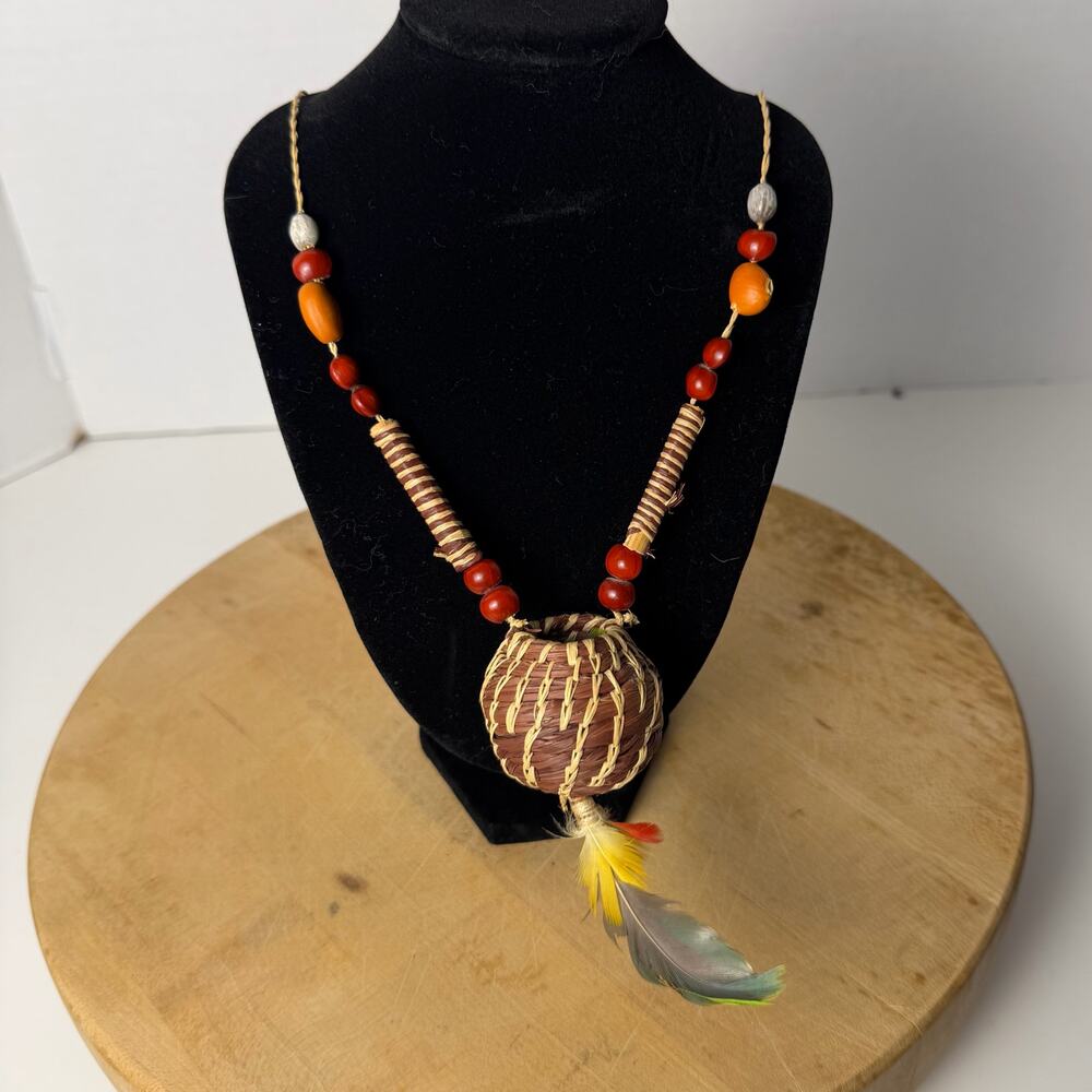 Handwoven Amulet Medicine Basket Necklace Huayruro Seed Indigenous Folk Art 30in